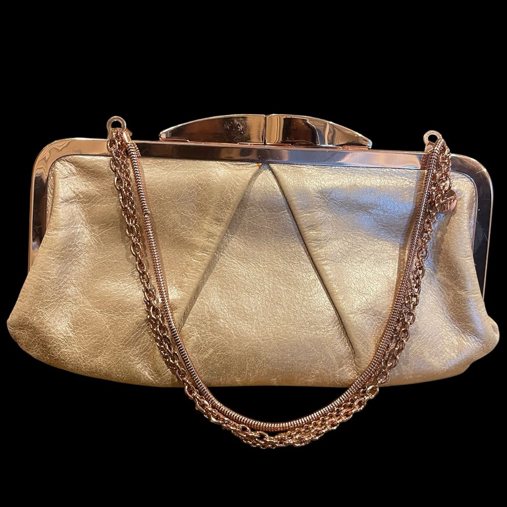 HOBO The Original Metallic Rose Gold Kiss Lock Chain Strap Gold Leather Clutch